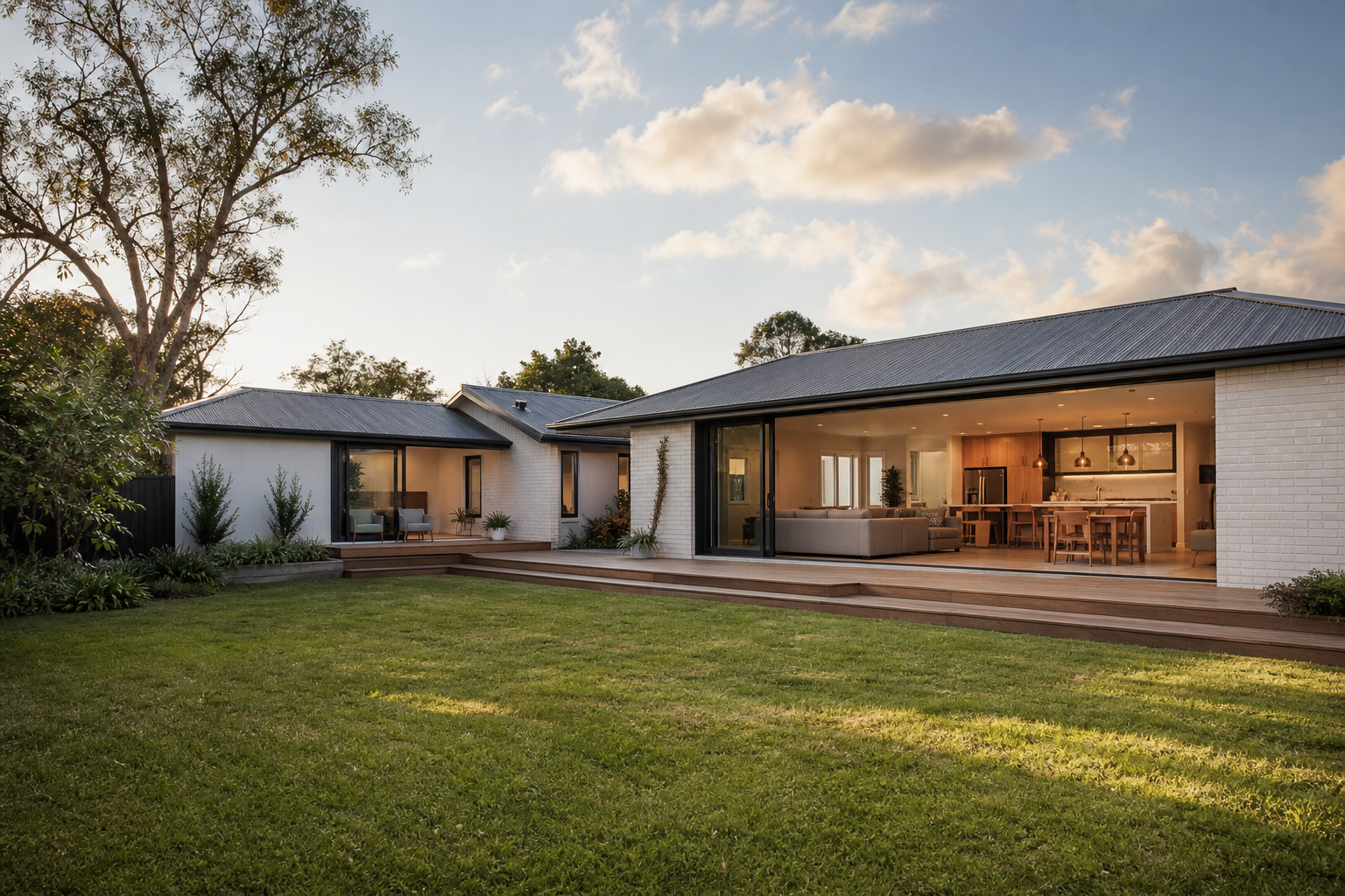 Warmly lit modern New Zealand family home at dusk